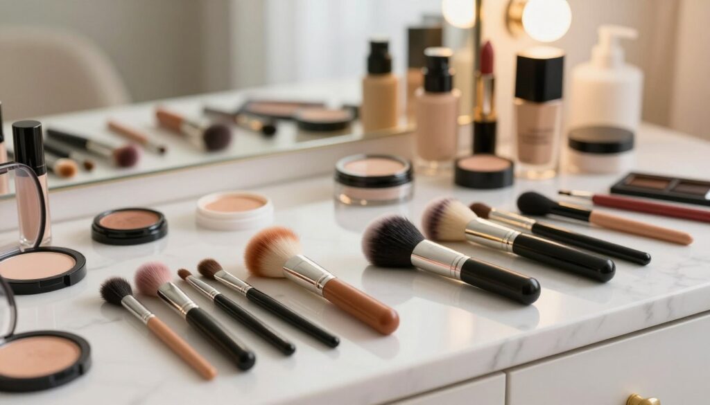 A beautifully arranged collection of makeup brushes and accessories, elegantly displayed on a marble vanity. In the foreground, various high-quality makeup brushes with colorful bristles and sleek handles, ranging in size from small detail brushes to larger powder brushes. The middle layer features a variety of makeup products, such as eyeshadows, foundations, and lipsticks, artfully scattered alongside the brushes. The background showcases a softly blurred mirror reflecting warm, natural light, creating a cozy and inviting atmosphere. The scene should evoke a sense of elegance and sophistication, highlighting the importance of choosing the right tools for flawless makeup application. The lighting is soft and warm, enhancing the colors of the brushes and products without harsh shadows.