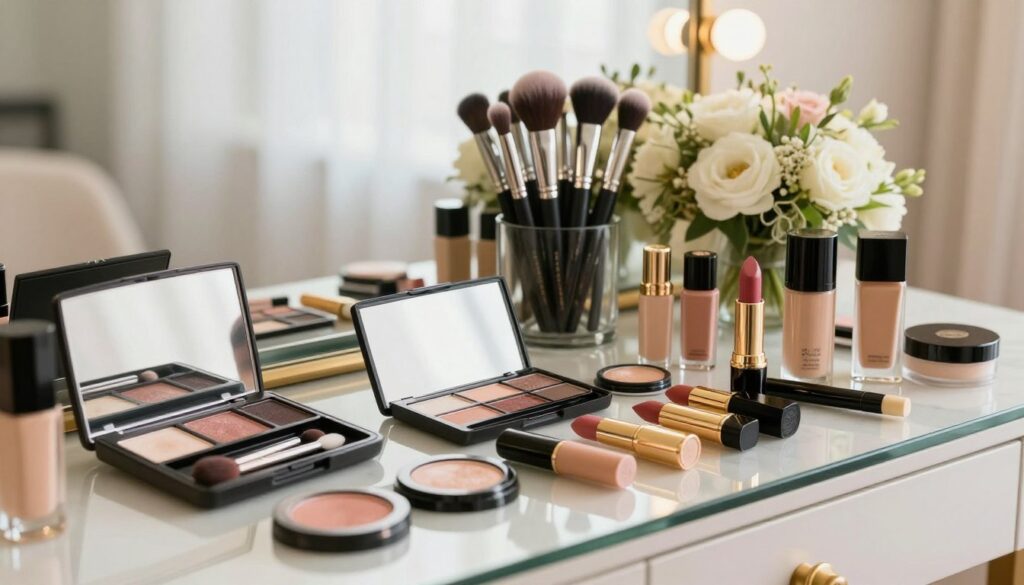A beautifully arranged display of high-quality cosmetics for wedding makeup, featuring a luxurious palette of shimmering eyeshadows, elegant lipsticks in soft shades, and flawless foundations. In the foreground, showcase a glass vanity with a marble finish, reflecting the products in soft lighting. The middle ground includes a stylishly adorned makeup brush set and a delicate bouquet of fresh flowers, symbolizing a wedding theme. In the background, gentle natural light filters through a sheer curtain, giving a warm and inviting atmosphere. The overall mood is refined and sophisticated, perfect for highlighting the importance of choosing quality cosmetics for a long-lasting and elegant wedding look.