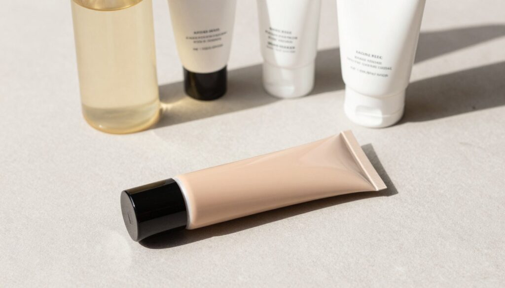 A beautifully arranged flat lay of a matte primer specifically designed for oily skin. In the foreground, a sleek, elegant matte primer tube, prominently placed with clean lines and a modern design. The middle ground features complementary skincare products like toner and moisturizer, arranged harmoniously, showcasing their packaging. The background is a soft, textured surface in neutral tones, enhancing the focus on the primer. Natural light softly illuminates the scene, casting gentle shadows to create depth. The atmosphere is calm and refreshing, invoking a sense of skincare care and routine. Ideal for skincare enthusiasts, the composition emphasizes clarity and effectiveness, embodying a clean beauty aesthetic without any distractions.