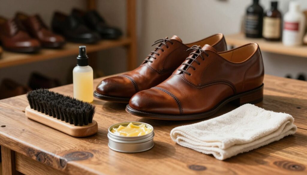 A beautifully arranged leather shoe care kit is displayed on a rustic wooden table. In the foreground, there are various tools: a soft brush, a tin of wax polish, a bottle of leather conditioner, and a microfiber cloth, all perfectly organized. The middle section shows a pair of polished brown leather shoes, gleaming under warm, soft sunlight, showcasing their exquisite craftsmanship. In the background, a blurred shelf filled with shoes and care products adds depth to the scene. The natural light filtering in creates a cozy and inviting atmosphere, suggesting a well-loved space for shoe enthusiasts. The image should capture the essence of elegance and dedication to footwear care, conveying a sense of nostalgia and craftsmanship.