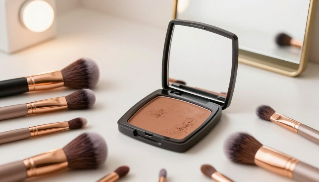 A beautifully arranged makeup flat lay featuring a bronzer compact open, showcasing a rich, warm bronze powder designed for contouring the face. Surrounding the bronzer, include a collection of essential makeup brushes, a small mirror reflecting soft, diffused light, and subtle hints of luxurious gold and rose gold accents. The background is a soft-focus vanity setting with elegant lighting, emphasizing the serene and sophisticated atmosphere of makeup application. The scene captures the essence of professional makeup artistry, with a seamless blend of texture and color that inspires the viewer to consider the transformative power of bronzer in achieving a sculpted facial look. Avoid any human subjects to keep the focus on the makeup products.