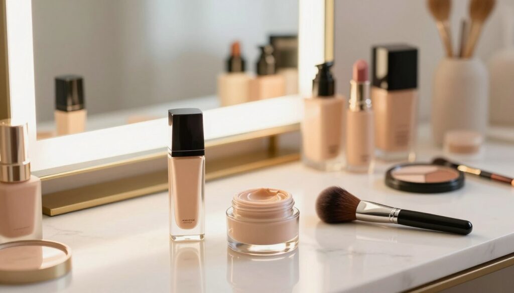 A beautifully arranged makeup station featuring a variety of makeup primers in elegant packaging. In the foreground, a glass jar of primer with a sleek, minimalist design sits next to a fluffy makeup brush. In the middle ground, a reflective vanity mirror subtly captures soft natural light, enhancing the textures of the products. The background includes a tasteful arrangement of light-colored cosmetics, like foundations and lipsticks, on a white marble countertop. The atmosphere is calm and inspiring, with warm, golden lighting creating an inviting ambiance. Ensure that the scene is clean, organized, and instills a sense of sophistication and professionalism, suitable for a beauty-focused article.