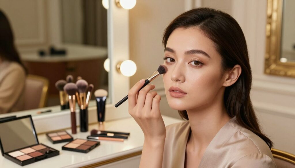 A beautifully composed image featuring a professional model applying contour makeup to her face. In the foreground, the model has a calm, focused expression, showcasing her perfectly contoured cheekbones and jawline, with soft, warm lighting that enhances the makeup's details. The middle ground includes an elegant vanity setup with makeup brushes, palettes, and a mirror, reflecting the sophisticated atmosphere. In the background, a soft-focus room with chic decor and warm-toned walls creates a luxurious ambiance. The model is dressed in a tasteful, modest outfit that adds an air of elegance. The camera angle is slightly above eye level, providing a flattering view of both the model and her makeup application process. The overall mood is one of sophistication and beauty, perfect for illustrating contouring techniques.
