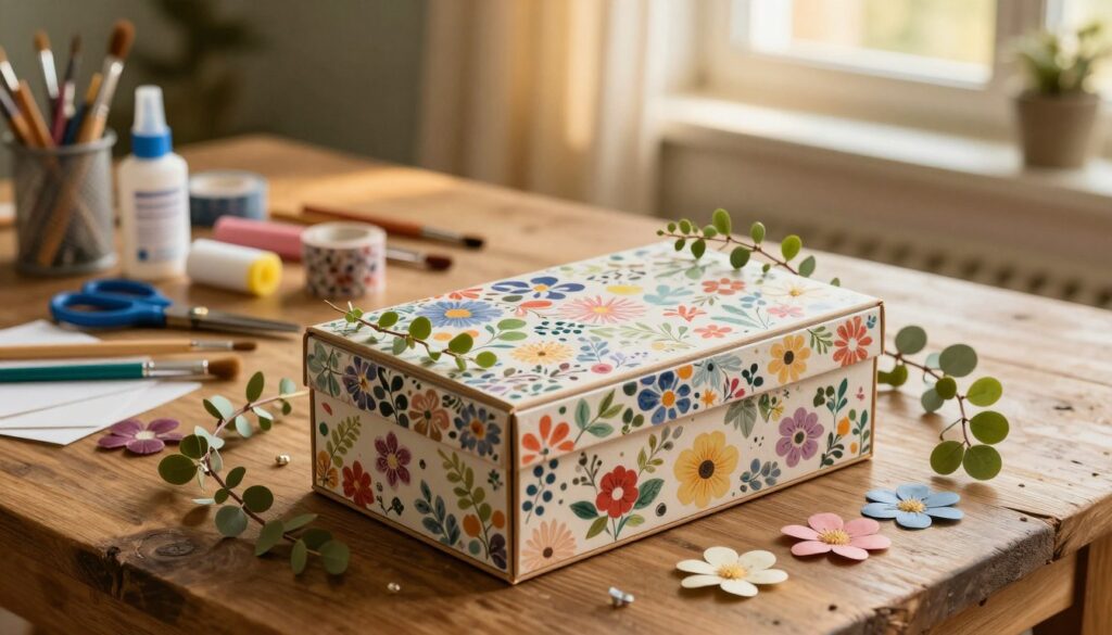 A beautifully decorated shoebox, artistically transformed into a stylish storage container. In the foreground, the box features intricate patterns made from colorful washi tape and delicate floral designs, showcasing creative decoration techniques. Sprigs of greenery and small paper flowers are carefully arranged around the box, adding a touch of nature. In the middle ground, craft materials such as scissors, glue, and paintbrushes are neatly organized on a rustic wooden table, suggesting a creative workspace. The background features a cozy, softly lit room with warm yellow light filtering through a nearby window, creating a welcoming atmosphere. The overall mood is inspiring and inviting, encouraging viewers to explore their own creativity.