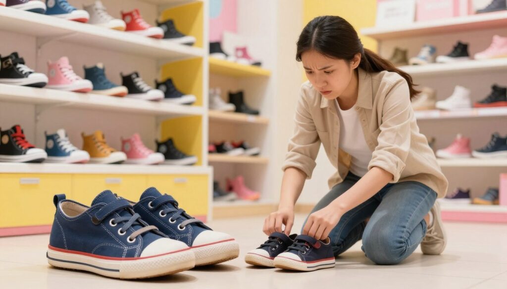 A bright, engaging illustration depicting the key factors to avoid when selecting shoes for children. In the foreground, a pair of ill-fitting children's shoes, visibly too small and with worn-out soles, are prominently displayed. The middle ground features a concerned parent kneeling and inspecting the shoes, dressed in casual yet appropriate clothing, with a thoughtful expression to convey the importance of proper footwear. The background includes a colorful shoe store with various styles and sizes, emphasizing the overwhelming options available. Natural, warm lighting illuminates the scene, creating a welcoming atmosphere. The focus is on clarity and detail, highlighting the flaws in the shoes while maintaining a child-friendly vibe, designed to educate parents on crucial aspects to avoid in children's footwear purchases.