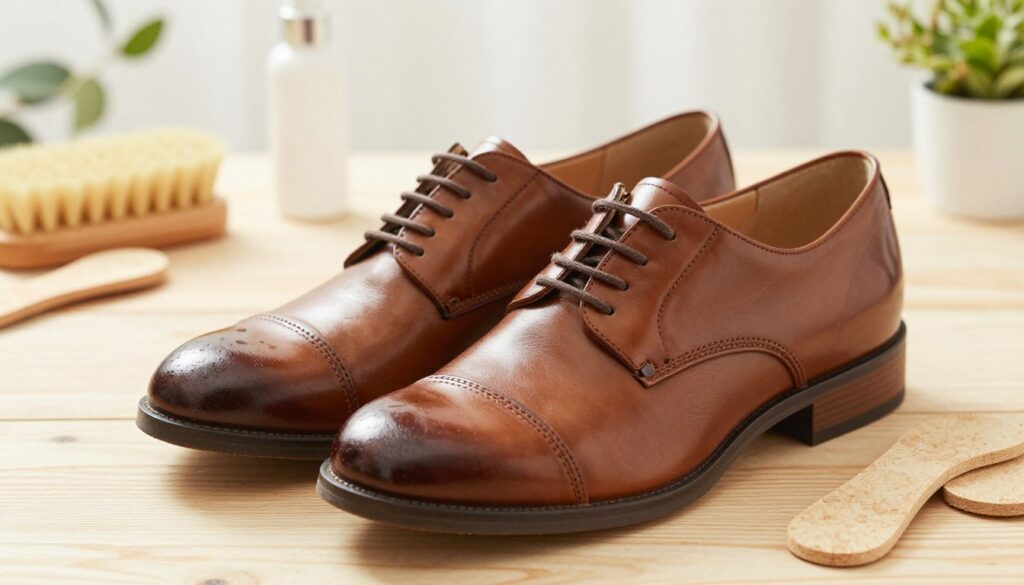 A bright, well-lit image of a pair of fresh, clean shoes displayed on a wooden surface, featuring a glossy finish that reflects light. The shoes should be a stylish design, appearing freshly polished and free of dust or scuff marks. In the background, soft-focus elements such as a shoe cleaning kit, including brushes and sprays, and a few scattered natural materials like cedar shoe inserts or plants to convey freshness. The atmosphere is inviting and clean, with warm lighting that creates a cozy environment, highlighting the shine on the shoes. The scene captures the feeling of rejuvenation and care, emphasizing the importance of maintaining footwear to prevent unpleasant odors.