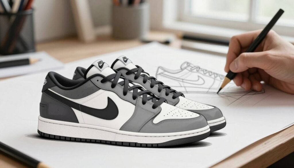 A close-up illustration of a pair of Nike shoes, meticulously depicting their intricate details and proportions. The foreground features the shoes positioned at an angle, showcasing elements like the iconic swoosh, textured materials, and unique lacing system. The middle ground includes an artist's hand sketching the shoes, providing context to the drawing process, while maintaining a clean workspace with papers and drawing tools around. The background is softly blurred, suggesting an art studio ambiance with natural lighting coming from a window, casting gentle shadows and highlighting the shoes' curves and contours. The mood is focused and creative, inviting the viewer into the process of capturing the essence of Nike footwear design.