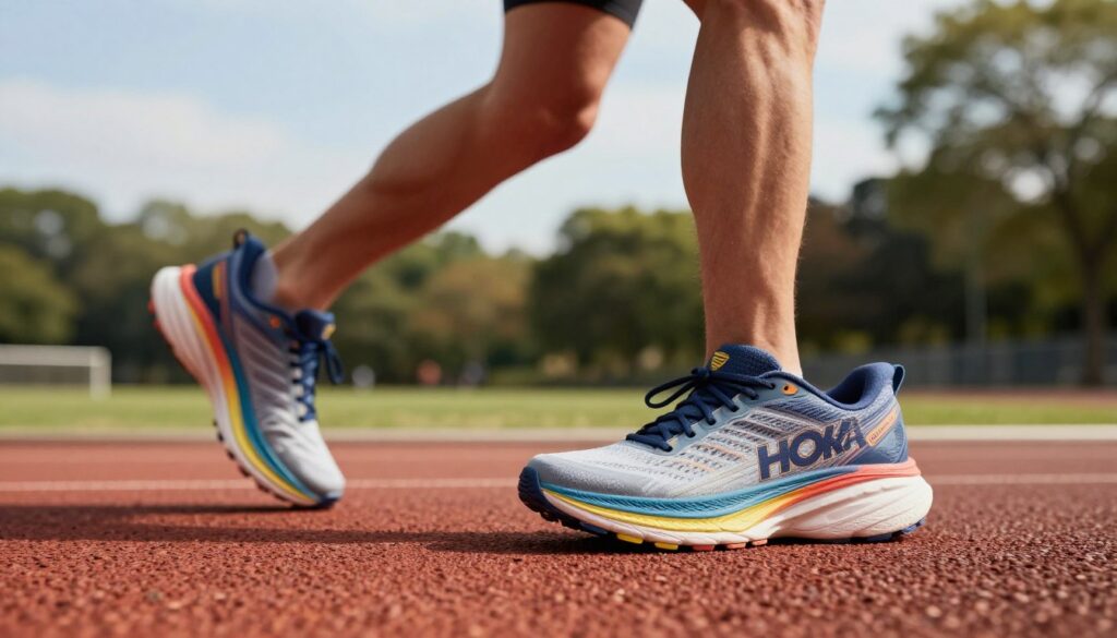 A close-up image of Hoka running shoes, showcasing their distinctive maximalist design and vibrant colors. The foreground features a pair of Hoka shoes with exaggerated cushioned soles, set on a textured running track. In the middle, a blurred figure of a runner in professional athletic attire, demonstrating dynamic movement as they stride forward, highlighting the shoes in action. The background includes a soft-focus park scene with trees and a blue sky, evoking a sense of freedom and energy. Soft, natural lighting illuminates the shoes, creating a warm and inviting atmosphere. The overall mood is one of motivation and innovation, perfect for the concept of a revolution in running footwear.