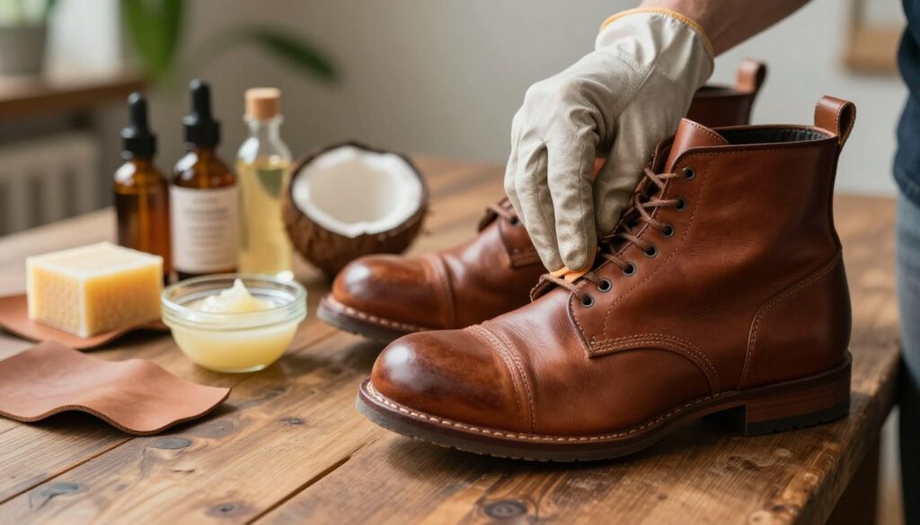 A close-up image of a person applying a natural leather conditioner to a pair of classic brown leather boots on a rustic wooden table. In the foreground, the hands, wearing modest gloves, gently rub the conditioner into the leather, showing the glossy texture and rich color of the boot. The middle layer features an assortment of natural products like beeswax, coconut oil, and a small bowl of conditioner, artistically arranged. The background is softly blurred, hinting at a cozy home environment with plants and soft lighting, creating a warm and inviting atmosphere. The lighting is natural, enhancing the leather's detail while casting subtle shadows. The overall mood is practical and artisanal, reflecting a sense of care and craftsmanship in maintaining leather goods.