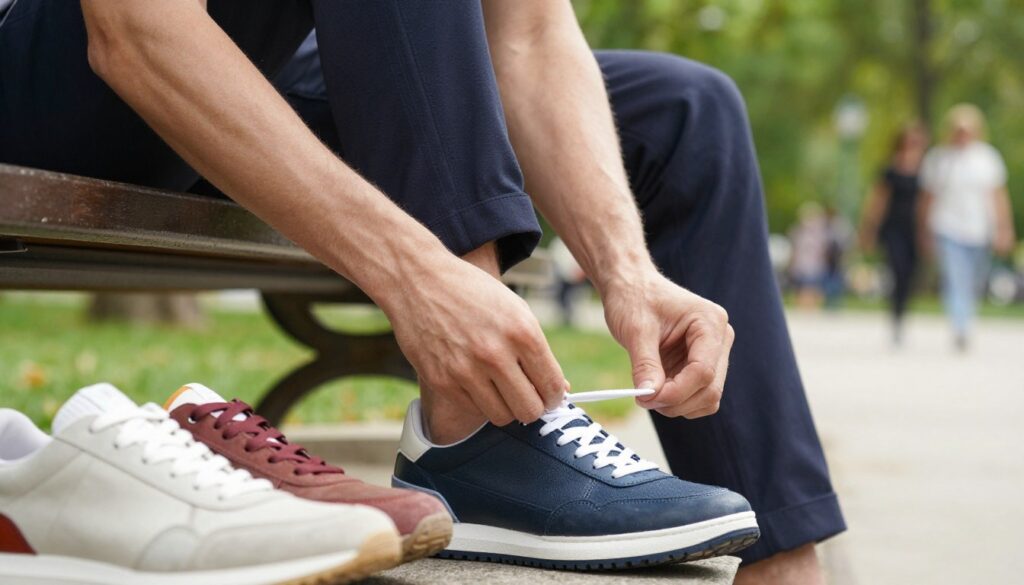 A close-up image of a person's hands elegantly tying shoelaces on stylish shoes, showcasing various creative lacing techniques. The foreground features a pair of trendy sneakers with unique lacing patterns, highlighted with vibrant colors. In the middle ground, a well-dressed individual in smart casual attire sits on a park bench, looking focused on their shoe. The background captures a sunny park atmosphere with green trees and blurred people walking, enhancing the mood of casual elegance. Soft, natural lighting illuminates the scene, emphasizing textures and colors. The angle is slightly elevated, providing a clear view of the lacing process while maintaining an inviting and stylish ambiance.