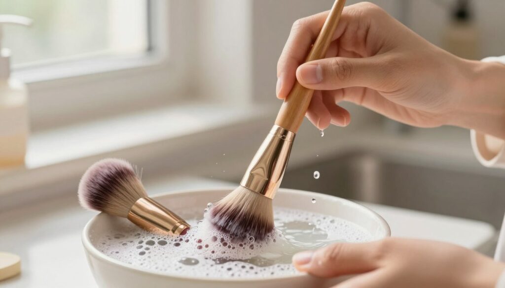 A close-up image of a professional makeup brush cleaning process. In the foreground, a pair of soft, colorful makeup brushes resting in a small dish filled with a gentle cleansing solution, bubbles gently rising. In the middle, a pair of well-manicured hands (wearing modest casual clothing) delicately swirls a brush in the solution, showcasing the intricate bristles and a few droplets of water splashing. The background features a softly blurred countertop and natural light streaming in from a nearby window, creating a warm and inviting atmosphere. The mood is tranquil and focused, emphasizing cleanliness and care, perfect for illustrating the methodical cleaning of makeup brushes without damaging them.