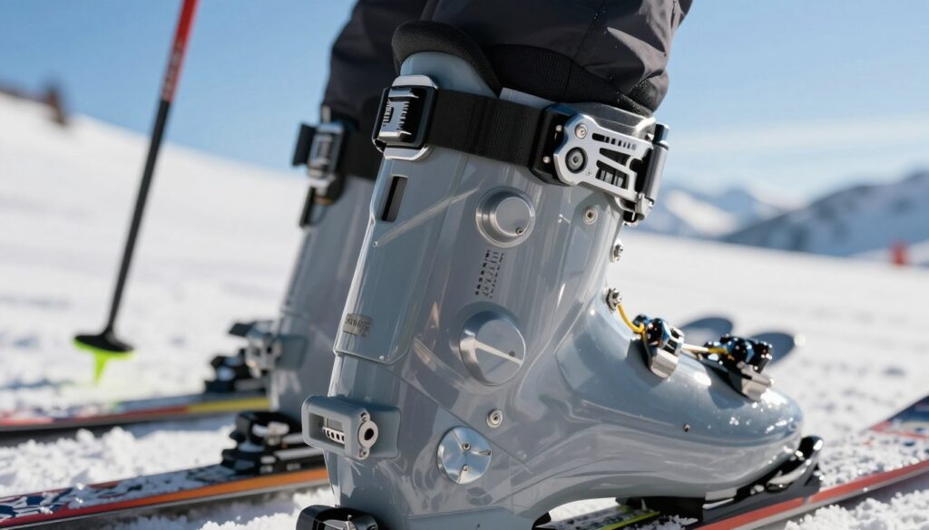 A close-up image of a ski boot flex mechanism, showcasing intricate details of its design, including adjustable settings and materials used. The foreground features a polished ski boot with shiny metal and durable plastics, emphasizing the flex zones. In the middle ground, blurred ski equipment like poles and skis can be gently seen, hinting at the ski environment. The background features a snow-covered slope under a bright, clear blue sky, hinting at the thrill of skiing. Soft natural light highlights the contours of the boot, casting subtle shadows that enhance its features. The atmosphere conveys a sense of precision and performance, ideal for skiers focused on comfort and control.