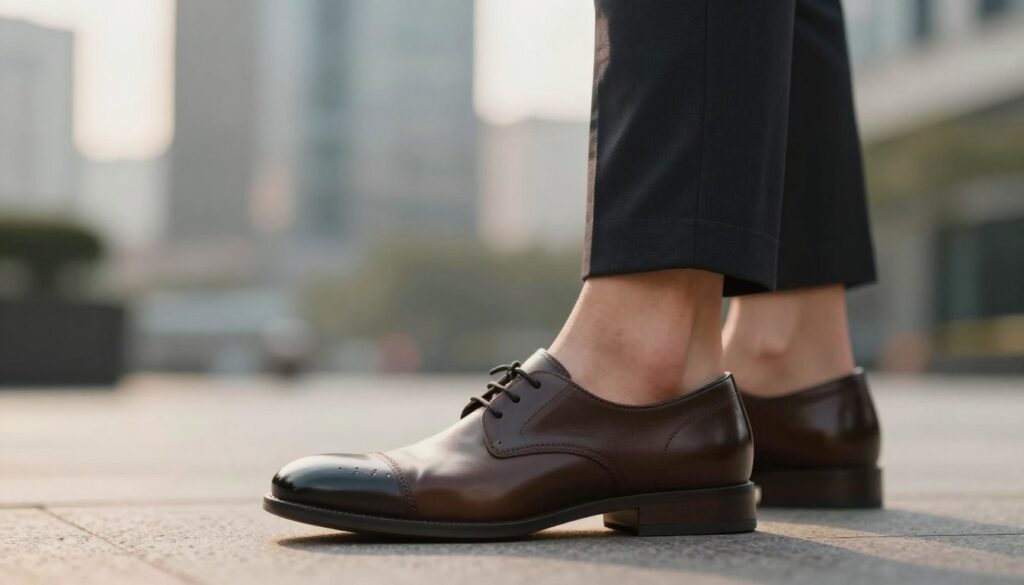 A close-up image of a well-fitted shoe being worn by a person in professional business attire, showcasing the concept of foot width (tęgość stopy) for comfort during daily walking. The shoe should be sleek and modern, emphasizing the fit around the midfoot and toe box areas. In the background, a blurred, softly lit environment suggesting a cityscape or office setting to create an urban feel. The lighting should be warm and inviting, highlighting the details of the shoe. The person's focused expression should convey comfort and confidence, with a slight motion of walking, thus portraying the significance of proper shoe fit for ease of movement.