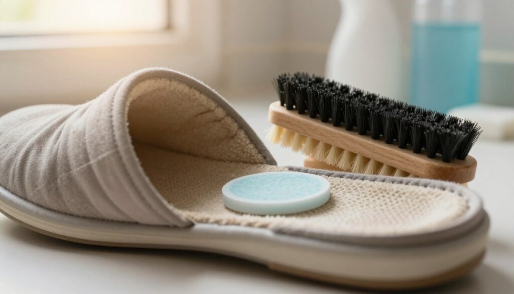 A close-up image of the interior of a well-worn shoe, showcasing the textured lining and insole. The focus is on the specialized cleaning tools, such as a brush and natural deodorizer, arranged artistically around the shoe. Soft, warm lighting illuminates the scene from the top left, creating gentle shadows and highlighting the details of the shoe's fabric. In the background, a subtle blur of a tidy space with cleaning supplies and fresh air hints at a clean environment. The atmosphere is calm and clean, evoking a sense of freshness and rejuvenation while emphasizing the need to address unpleasant odors effectively. The composition should feel inviting, encouraging viewers to consider shoe care and maintenance.