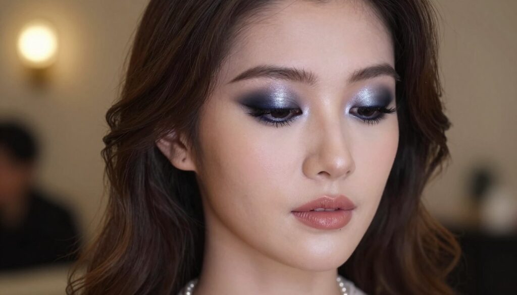 A close-up of a beautifully enhanced evening eye makeup look, featuring alluring smoky eyes with shades of deep navy and shimmering silver, expertly blended for a sultry effect. The foreground showcases a well-defined eyeliner and voluminous lashes, while soft highlights create a captivating glow on the eyelids. The model, dressed in elegant and modest evening attire, has her hair styled in soft waves, adding to the sophisticated aura. In the background, a blurred, softly lit setting evokes an atmospheric evening ambiance, with warm tones enhancing the glamour of the makeup. Soft, diffused lighting highlights the makeup details, capturing the freshness and elegance desired for a night out, while maintaining a natural look.