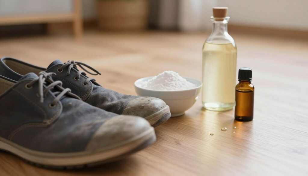 A close-up of a pair of well-worn shoes sitting on a wooden floor, surrounded by natural materials like baking soda, vinegar, and essential oils, emphasizing home remedies for eliminating odor. In the foreground, the shoes are slightly scuffed, showcasing realistic texture and detail. The middle ground features a small bowl of baking soda and a glass bottle of vinegar, with a few drops of essential oil nearby, all arranged aesthetically. The background is softly blurred, hinting at a cozy home setting with warm, ambient lighting that adds a sense of comfort. The mood is inviting and homey, suggesting a safe and effective approach to freshening up footwear.