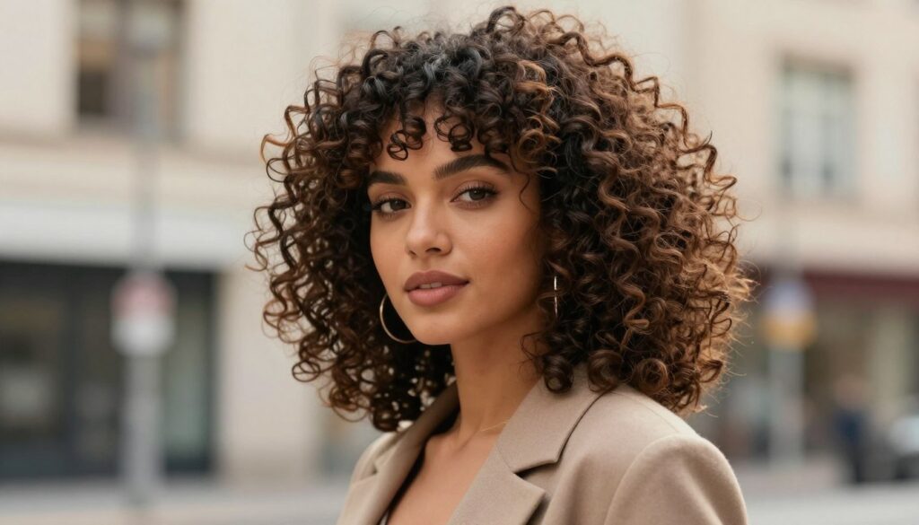 A close-up of a woman with trendy curly hair styled in a natural yet fashionable manner, highlighting the texture and bounce of her curls. She is wearing a modest, chic outfit that reflects contemporary fashion trends, with soft, warm lighting that creates an inviting atmosphere. The background features a blurred urban landscape, suggesting a casual day out. The angle is slightly tilted, giving a dynamic feel to the composition, while the focus remains sharply on her vibrant curls and confident expression. The overall mood is stylish and uplifting, showcasing the beauty and versatility of curly hairstyles for everyday wear.