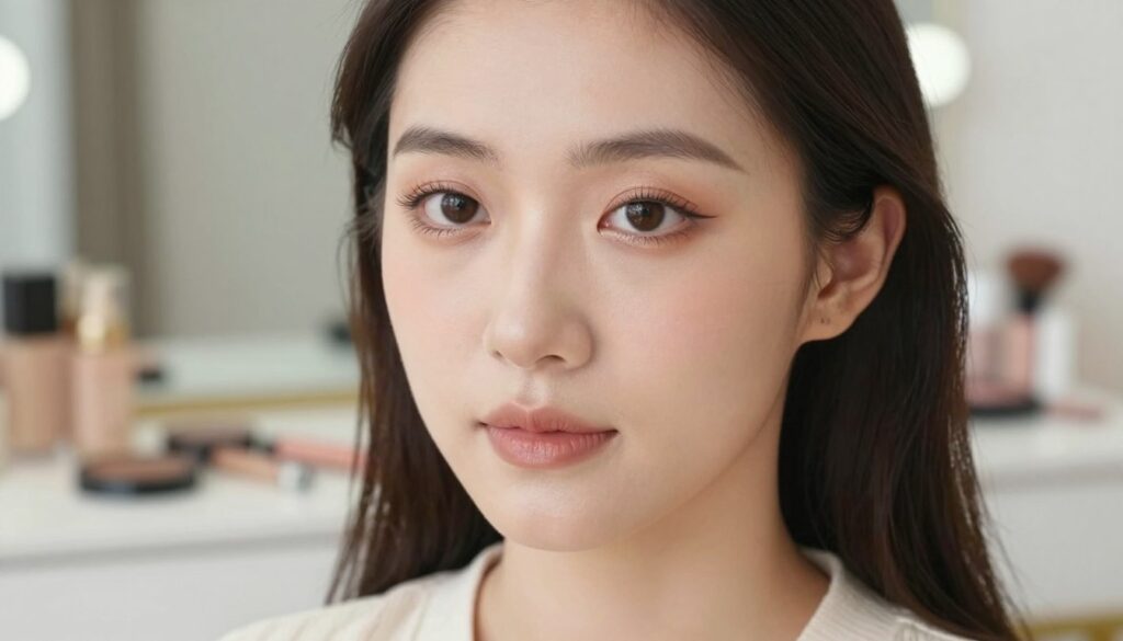 A close-up of a woman’s eyes showcasing a simple yet effective eye makeup look that enhances her gaze. The foreground features beautifully applied neutral eyeshadows with a subtle shimmer, light eyeliner, and well-defined eyelashes that open up her eyes. Her eyelids should reflect a soft blend of warm tones, creating an inviting and fresh appearance. In the middle ground, the model's face is framed by soft, natural lighting that highlights her features while maintaining a serene atmosphere. The background is a softly blurred makeup vanity with elegantly arranged beauty products, adding context without distraction. The mood is light, sophisticated, and approachable, ideal for showcasing everyday beauty. The model is dressed in modest casual clothing, ensuring a professional representation.