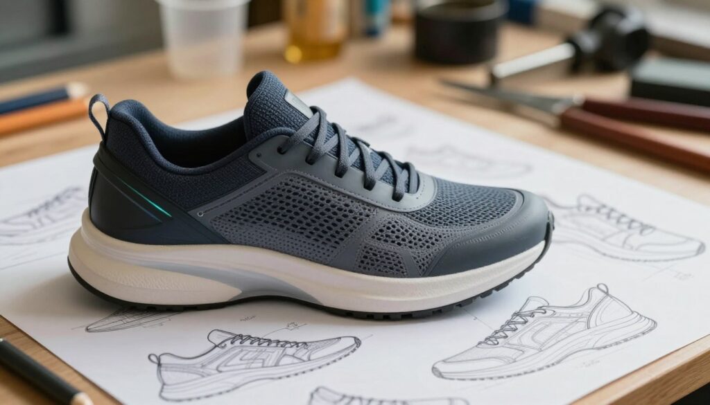 A close-up of advanced footwear technologies, showcasing a sleek, modern design of a shoe with a focus on its innovative features. In the foreground, emphasize the shoe's layered materials, highlighting breathable fabrics, cushioned soles, and smart technology integration for enhanced comfort. The middle ground should include technical sketches and blueprints of shoe construction, illustrating the engineering behind the product. In the background, softly lit workshop setting with tools and materials used in shoe manufacturing, conveying a sense of craftsmanship and precision. Use soft, natural lighting to create a warm and inviting atmosphere, with a focus on clarity and detail, shot at a slightly elevated angle to capture the shoe's profile and striking design elements effectively.