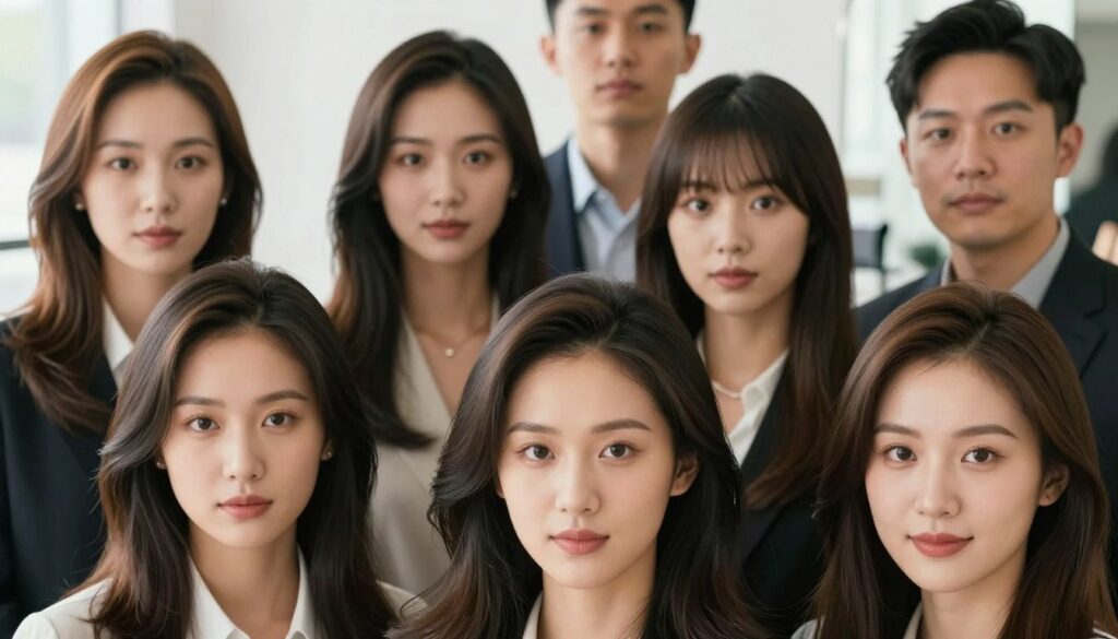 A close-up portrait of a diverse group of individuals with various face shapes, including oval, round, square, and heart, each showcasing different hairstyles that complement their facial features. The foreground features a bright, well-lit setting with soft natural light highlighting the textures of their hair and skin. The individuals are dressed in professional business attire, reflecting a polished look. In the middle ground, subtle hints of background elements like salon tools and mirrors can be seen, adding context to the scene without distraction. The overall mood is confident and informative, emphasizing the importance of matching hairstyles to face shapes. The angle captures their expressions and features crisply, ensuring a clear focus on the subject matter at hand.