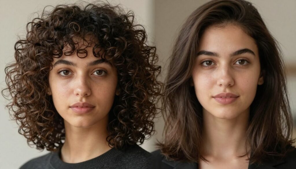 A close-up portrait of a person with a diverse hair texture, showcasing various hairstyles that complement their facial features and personal style. The foreground should highlight the details of the hair structure, such as curls, waves, and straight locks, styled elegantly to emphasize versatility. The middle ground includes the face, with a friendly expression, wearing modest, professional attire that enhances their natural beauty. Soft, diffused lighting creates an inviting atmosphere, casting gentle shadows that accentuate the facial contours. The background should be a neutral color, subtly blurred to keep the focus on the hair and face, capturing the essence of hair styling as an essential element of personal expression.