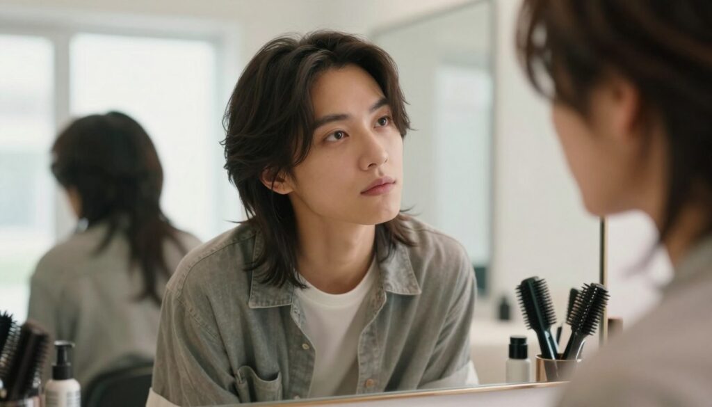 A close-up portrait of a person with a well-defined face shape, standing in a bright, modern bathroom with a large mirror. The individual is wearing a casual, stylish outfit, and is looking thoughtfully at their reflection, considering different hairstyles. Soft, natural lighting from a large window illuminates the scene, creating a warm and inviting atmosphere. The background features neatly arranged hair styling tools and products, giving a sense of preparation for a haircut. The perspective is slightly angled from the side to highlight the person's facial structure. The overall mood is one of self-reflection and anticipation, perfect for exploring hairstyle options before visiting a hair salon.