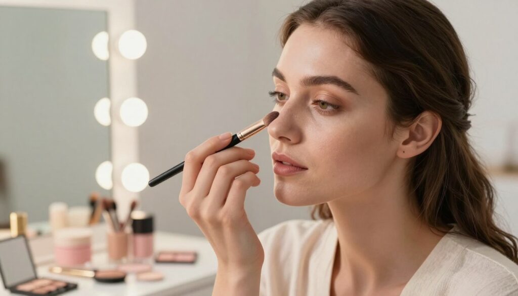 A close-up portrait of a woman applying makeup to contour her nose. She has a focused expression, carefully using a makeup brush to blend highlighter along the bridge of her nose, creating a subtle, slim effect. The scene captures the makeup application process with a soft, natural glow, emphasizing the artistry of contouring. The background features a well-lit vanity mirror and pastel-colored cosmetics arranged neatly, enhancing the atmosphere of a serene beauty routine. The lighting is warm and flattering, casting gentle shadows to accentuate facial features. The woman is dressed in modest, casual attire, projecting an approachable and professional ambiance. The composition is balanced, focusing on her technique and the tools of makeup.