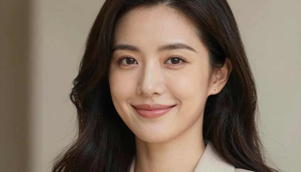 A close-up portrait of a woman with an oval face, exhibiting a gentle and harmonious structure. She has smooth, balanced features, with softly angled cheekbones and a slightly tapered chin. Her long, wavy hair cascades around her shoulders, styled elegantly, showcasing how different hairstyles can enhance facial proportions. The lighting is soft and diffused, creating a warm, inviting atmosphere, while a blurred, natural setting in the background adds depth without distraction. The image should capture her in modest, professional attire, smiling confidently to convey a sense of style and sophistication. The shot should be taken from a slightly elevated angle to highlight the face's contour and proportions, ensuring an appealing and informative visual representation.