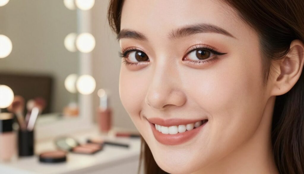 A close-up portrait of a woman with radiant, large eyes, emphasizing makeup techniques that enhance the appearance of bigger eyes. She has expertly applied eyeliner and shimmering eyeshadow in soft, flattering tones, creating depth and dimension. The foreground features her face with a dazzling smile, reflecting confidence and allure. In the middle ground, a softly blurred vanity mirror is visible, adorned with makeup tools, adding context without distraction. The background is a warm, softly lit room, creating an inviting atmosphere. The lighting is bright yet soft, highlighting her eyes and enhancing the makeup details, showcasing elegance and sophistication. The overall mood is uplifting and empowering, perfect for illustrating techniques to make the eyes appear larger.
