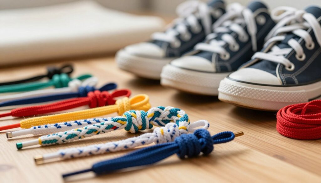 A close-up shot of colorful shoelaces neatly arranged in various intricate knots and styles, displayed on a clean wooden surface. In the foreground, focus on the texture of the laces, highlighting patterns like braided, flat, and round designs. The middle ground features a stylish pair of sneakers with the laces prominently displayed, showcasing different lacing techniques like criss-cross and looped. In the background, a soft blurred canvas or fabric provides a contrasting texture that enhances the overall scene. Use soft, natural lighting to create a warm atmosphere, capturing the playful elegance of shoelaces. The angle should be slightly above eye level to emphasize the artistry of shoelace styles while maintaining a clean, professional aesthetic.