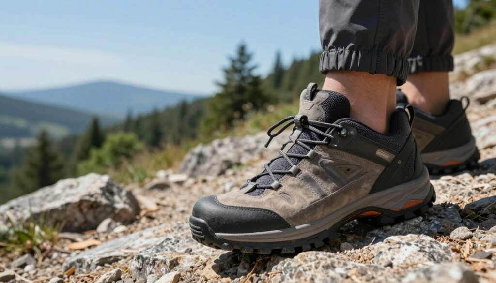 A close-up shot of high-quality trekking shoes designed for outdoor adventures, showcasing intricate details like reinforced toe caps, textured rubber soles, and moisture-wicking materials. The shoes should be placed on a rocky trail, suggesting an outdoor environment. In the foreground, focus on the shoes' anatomical fit and support features. The middle should feature a soft-focus of a hilly landscape with green trees and distant mountains under a clear blue sky, conveying a sense of adventure and exploration. Use natural daylight to highlight the texture of the shoes and the rugged terrain. The overall mood should be inspiring, encouraging the viewer to connect with nature and embark on a journey.