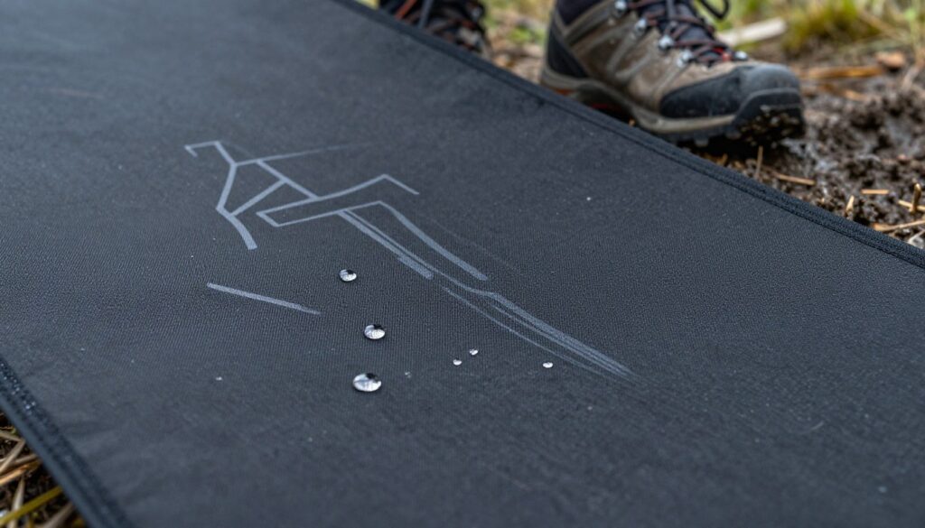 A close-up view of a Gore-Tex membrane isolated against a dark, textured background, showcasing its unique water-repellent properties. In the foreground, droplets of water bead on the surface, emphasizing the fabric's waterproof capabilities. The middle layer features a faded outline of rugged hiking boots partially submerged in mud, hinting at the practical use of the membrane in outdoor conditions. The background is softly blurred to keep the focus on the membrane while suggesting a natural outdoor setting. The lighting is bright and diffused, creating a crisp, clean atmosphere that highlights the membrane’s sleek texture and durability. The overall mood is one of reliability and protection against the elements, suitable for outdoor enthusiasts.