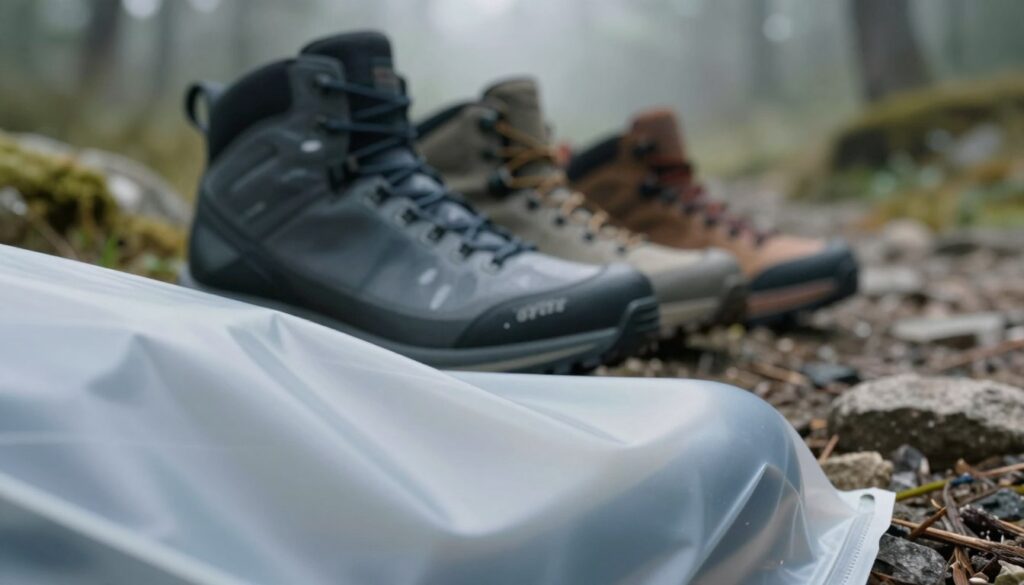A close-up view of a Sympatex membrane integrated into a high-quality outdoor footwear design. The foreground features the shiny, durable texture of the Sympatex material, highlighting its waterproof and breathable properties. In the middle ground, display an artistic arrangement of stylish hiking boots made with this innovative membrane, emphasizing their sleek contours and cutting-edge design. The background should include a soft-focus outdoor setting, such as a misty forest or rocky trail, reflecting the adventurous spirit of the footwear. The image should have soft, natural lighting to create a serene atmosphere, with a shallow depth of field to draw attention to the footwear while keeping the background subtly blurred.