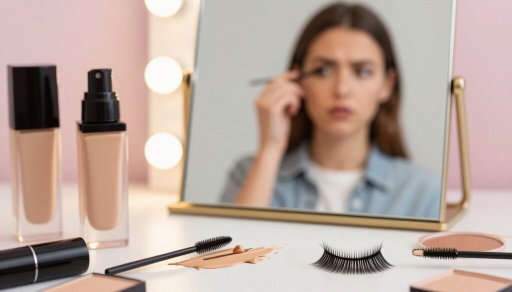 A close-up view of a beauty table showcasing common makeup mistakes. In the foreground, display improperly applied makeup items: mismatched foundation shades, smeared eyeliner, and thick, uneven layers of mascara on false eyelashes. In the middle, include a mirror reflecting a well-groomed person in modest casual clothing examining their makeup, with a puzzled expression, symbolizing the challenges of makeup application. In the background, soft lighting creates an inviting, warm atmosphere with pastel colors that suggest a beauty setting. The elements should be arranged to emphasize the contrast between the mistakes and the ideal goal of an aesthetically pleasing look. Capture the mood of learning and improvement, focusing on the beauty and artistry of makeup application.