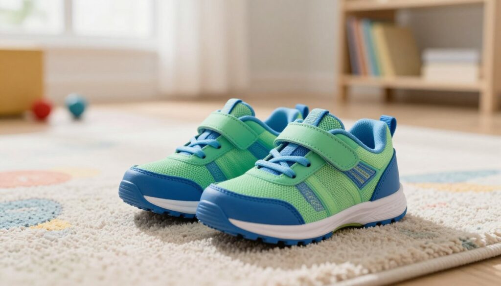 A close-up view of a child's shoes placed on a soft, colorful rug in a bright, inviting room. The shoes, a pair of vibrant sneakers in shades of blue and green, showcase their details, emphasizing the texture and design appropriate for children. In the background, blurred toys and a small bookshelf contribute to a playful atmosphere, hinting at a child's world. Soft, natural light filters in through a nearby window, creating a warm, welcoming ambiance. The angle is slightly elevated, focusing on the shoes while subtly capturing the essence of a child's safe and nurturing environment, illustrating the importance of choosing the right shoe size. The overall mood is cheerful and encouraging, perfect for a section discussing the significance of proper shoe fitting for children.