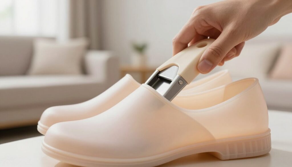A close-up view of a hand gently stretching a pair of stylish, modern plastic shoes using a specialized shoe stretcher. The foreground features the detailed texture of the plastic material, highlighting its flexibility and sheen. In the middle ground, the shoe stretcher sits firmly inside the shoe, indicating the process of enlargement, while the background shows a cozy home environment with soft, diffused natural light filtering through a window, creating a warm atmosphere. The color palette is soft and inviting, with shades of beige and pastel colors. Capture a sense of comfort and practicality in the scene, evoking the notion of enhancing footwear comfort at home.