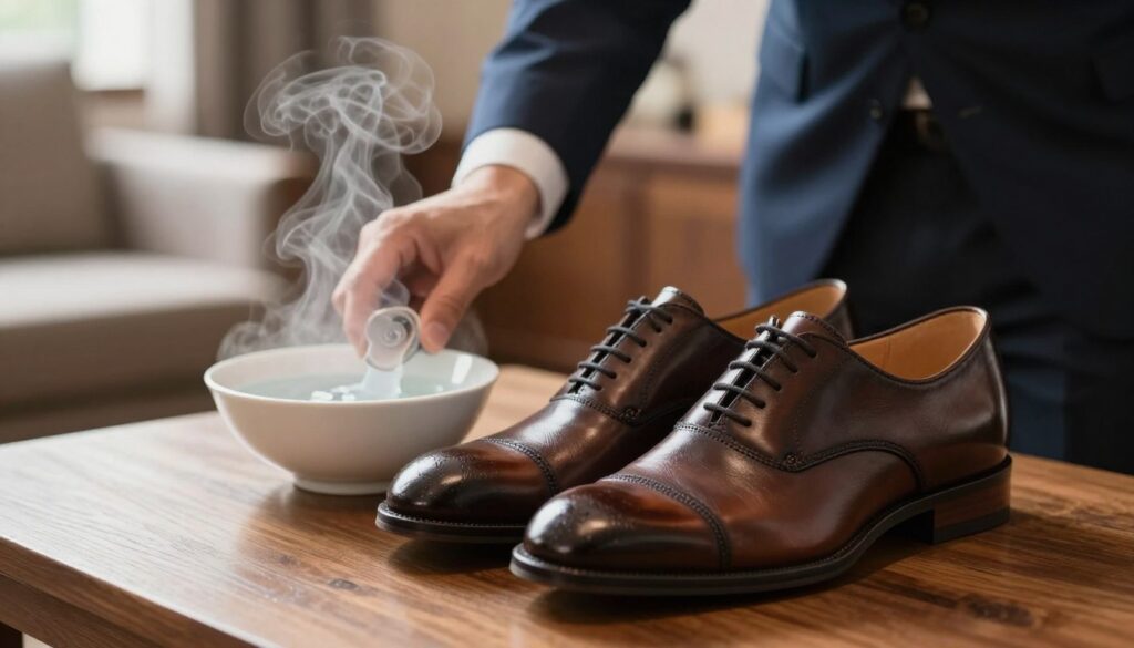 A close-up view of a pair of elegant leather shoes placed on a wooden table, with steam gently rising from a small bowl of hot water nearby. In the foreground, focus on the shoes, highlighting their texture and shine, while wisps of steam create a soft, ethereal effect. In the middle ground, a hand wearing a professional business attire carefully positions the bowl of water to direct steam toward the shoes, demonstrating the method of using moisture to stretch them. The background features a blurred, cozy environment of a stylish room with warm lighting, creating an inviting and practical atmosphere. The overall mood is calm and instructional, emphasizing a process to enhance shoe comfort without damage.