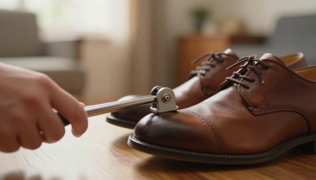A close-up view of a pair of leather shoes being gently stretched using a shoe stretcher tool. In the foreground, focus on the shoe stretcher applied to the shoes, showcasing its mechanics and how the leather is slightly expanding. In the middle ground, include a soft-focused background of a cozy home setting with wooden flooring and a warm light source, creating a comforting atmosphere. The lighting should be warm and inviting, with sun rays filtering through a nearby window, illuminating the shoes. The overall mood of the image should evoke a sense of care and attention to detail, highlighting the importance of comfort in footwear. Ensure no text, logos, or human subjects are present in the image.