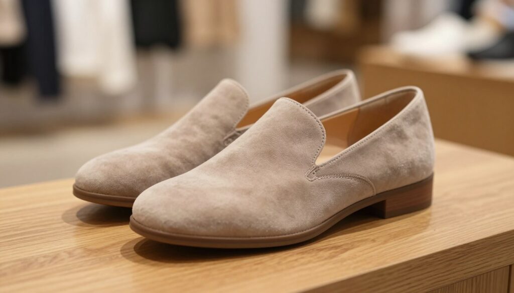 A close-up view of a pair of stylish Legero shoes, showcasing their sleek design and comfortable look. The shoes are placed on a smooth wooden surface, with a warm natural light illuminating them, highlighting the soft textures and subtle color variations. In the background, a blurred indoor setting with a cozy atmosphere, perhaps a softly furnished living room or a chic boutique, suggests a focus on comfort and lifestyle. The angle captures the shoes at a slight tilt to emphasize their shape and craftsmanship. The mood is inviting and relaxed, reflecting the comfort and quality that users appreciate about Legero footwear.