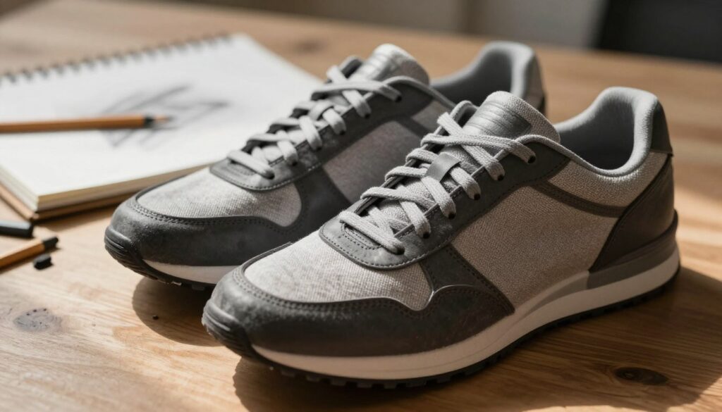 A close-up view of a pair of stylish sneakers on a wooden surface, showcasing detailed shading techniques that highlight various textures such as leather and fabric. The foreground features the shoes positioned dynamically, allowing light to create soft highlights and deep shadows that accentuate their contours. The middle background includes a lightly blurred sketchbook with pencil and charcoal tools scattered around, symbolizing the drawing process. Soft, diffused natural lighting pours in from the left, casting gentle shadows that enhance the mood of artistic creation. The overall atmosphere conveys a sense of creativity and inspiration, ideal for illustrating shading techniques for beginners.