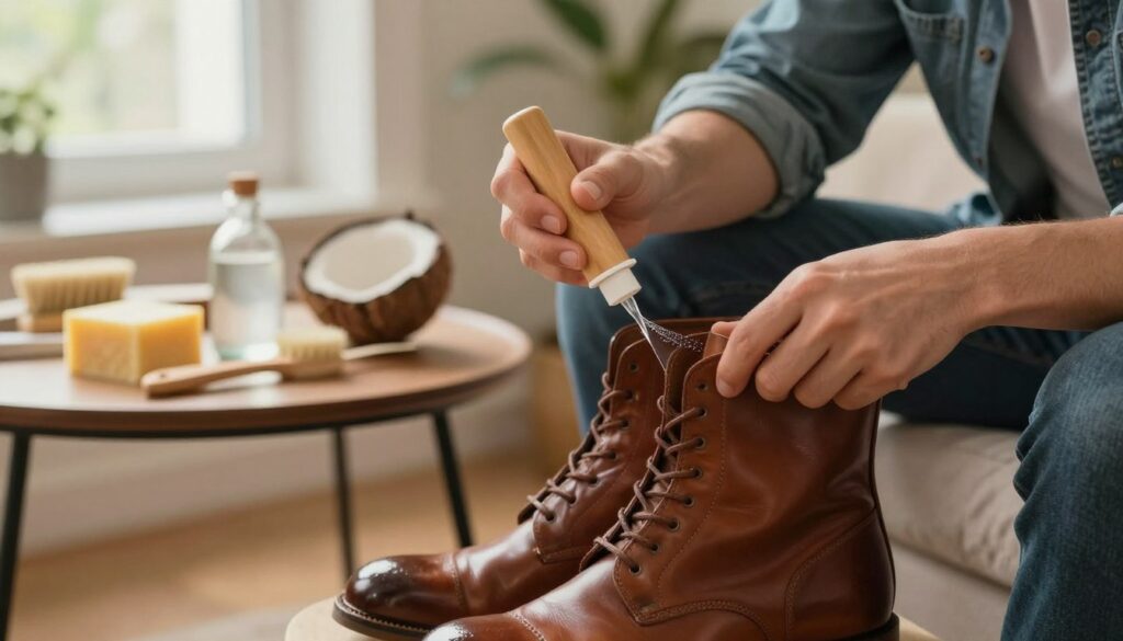 A close-up view of a person applying a homemade shoe waterproofing solution to a pair of stylish leather boots. The individual, dressed in casual but neat clothing, is focused, showcasing their methodical technique. The foreground highlights the glossy leather texture of the boots, glistening slightly as the solution is applied. In the middle ground, a small table holds natural ingredients like beeswax, coconut oil, and a brush, illustrating an eco-friendly approach to shoe care. The background features a softly lit, cozy indoor setting, with warm natural light streaming through a nearby window, creating a soothing and inviting atmosphere. The overall mood conveys a sense of craftsmanship and care in maintaining footwear.