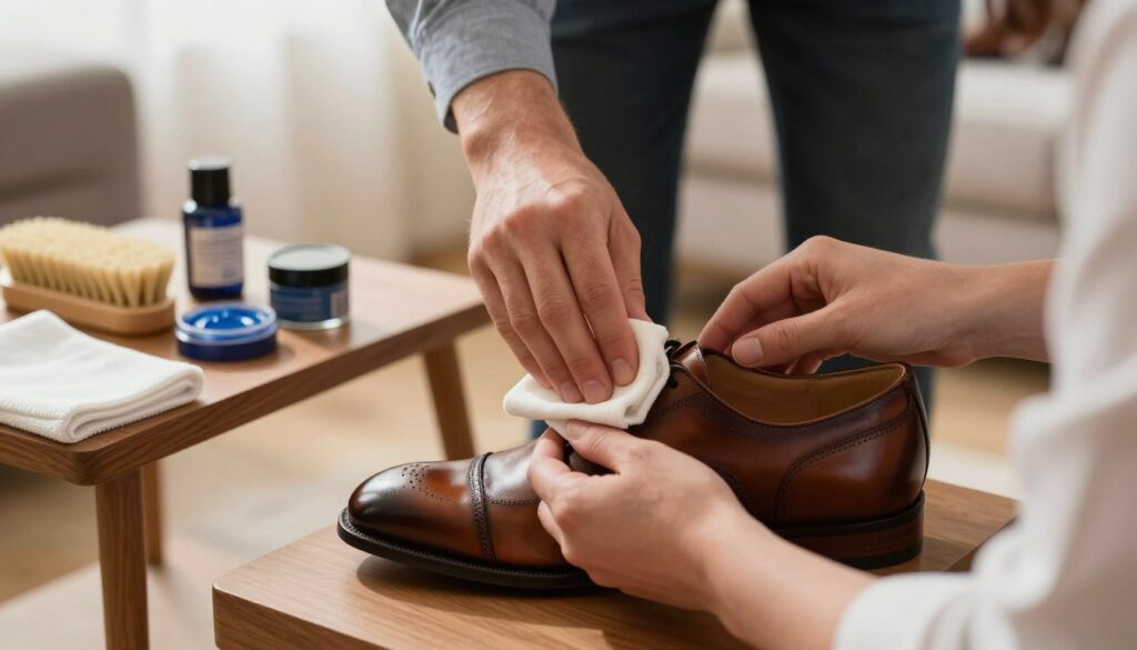A close-up view of a person gently polishing a pair of elegant leather shoes, positioned centrally in the foreground. The individual, dressed in smart casual attire, carefully applies a cream with a soft cloth, focusing on the shoe's intricate details and rich texture. In the middle ground, a wooden shoe rack or a stylish table holds additional cleaning supplies, such as a brush, shoe polish containers, and a microfiber cloth. The background features a well-lit room with soft, warm lighting that highlights the polished shoes, creating a cozy and inviting atmosphere. This scene evokes a sense of care and rejuvenation, perfectly illustrating the art of refreshing leather footwear at home.
