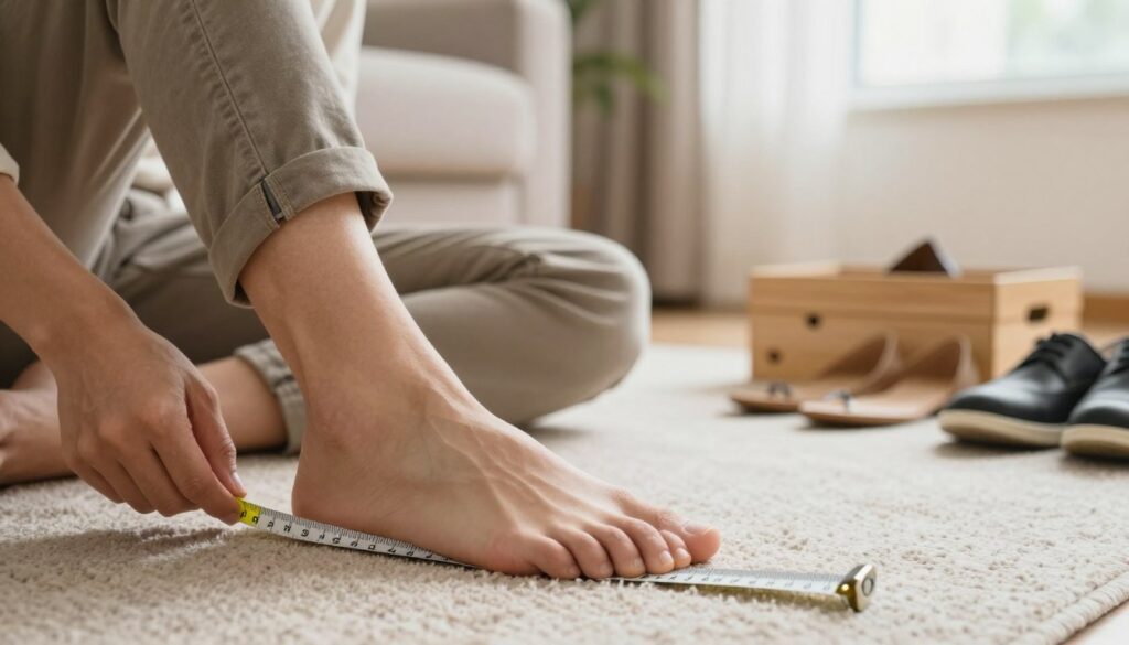 A close-up view of a person measuring their foot at home. The foreground features a measuring tape stretched alongside the person's foot, clearly showing the measurement markings. The individual, dressed in casual but modest clothing, sits comfortably on a neutral-colored living room carpet, their expression focused but relaxed. In the middle ground, a wooden shoe box and various shoe sizes are subtly visible, hinting at the shoe selection process. The background includes soft natural light streaming in from a nearby window, creating a warm and inviting atmosphere. The entire scene conveys a sense of practicality and home comfort, emphasizing the importance of accurately measuring one's foot size for proper shoe fitting.