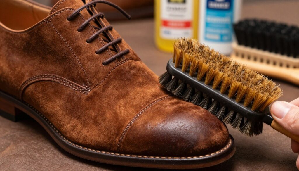 A close-up view of a richly textured piece of zamsz (suede) leather, showcasing its depth of color and unique structure. The image should capture the soft, velvety surface with visible fibers, glistening under soft natural light that enhances the material's rich tones—deep browns and warm tans—evoking a sense of warmth and sophistication. The foreground features a well-crafted suede shoe being gently brushed with a specialized cleaning tool to reveal its vibrant color and restore its aesthetic appeal. In the background, blurred hints of various shoe care products, like cleaners and brushes, are subtly displayed, suggesting a dedicated restoration workspace. The atmosphere is inviting and professional, emphasizing the care involved in maintaining quality footwear.