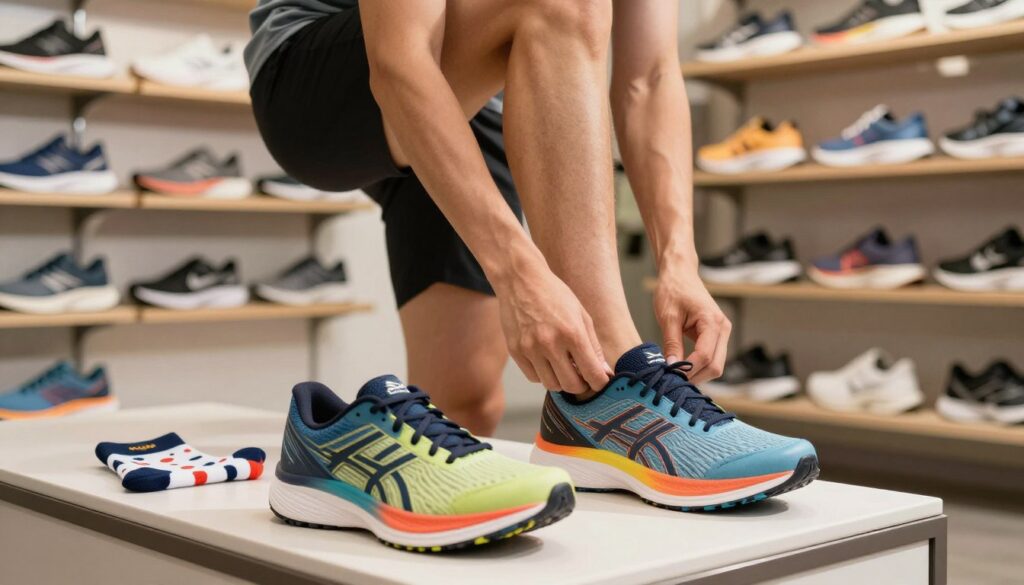 A close-up view of a runner trying on a pair of running shoes in a well-lit athletic store. The foreground features a colorful pair of running shoes, prominently displayed on a shoe fitting bench, with playful, patterned athletic socks lying beside them. In the middle, a person (dressed in modest athletic wear) is seated, lifting one foot to try on the shoe, radiating a sense of focus and comfort. The background showcases shelves filled with various running shoes of different colors and styles, all under warm, natural lighting that suggests a late afternoon ambiance. The overall atmosphere conveys a sense of calm and preparation, emphasizing the importance of proper fit and comfort during training.