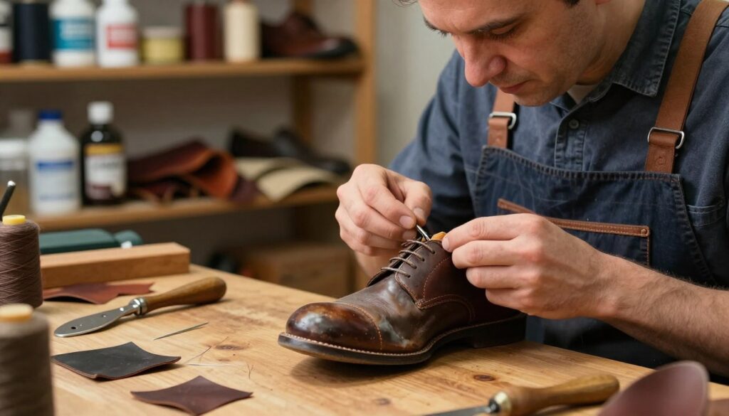 A close-up view of a skilled cobbler carefully repairing a worn-out shoe in a well-lit workshop. The foreground features a pair of half-damaged shoes placed on a wooden workbench with tools like needles, thread, and leather patches nearby. The middle of the image shows the cobbler, a middle-aged man in a professional outfit, intently sewing a patch onto the shoe using precise techniques. In the background, shelves filled with various shoe care products, leather pieces, and a vintage shoehorn add depth. Soft, warm lighting enhances the craftsmanship atmosphere, evoking a sense of dedication and skill in shoe repair. The overall mood is focused and industrious, perfect for illustrating methods to restore shoes.