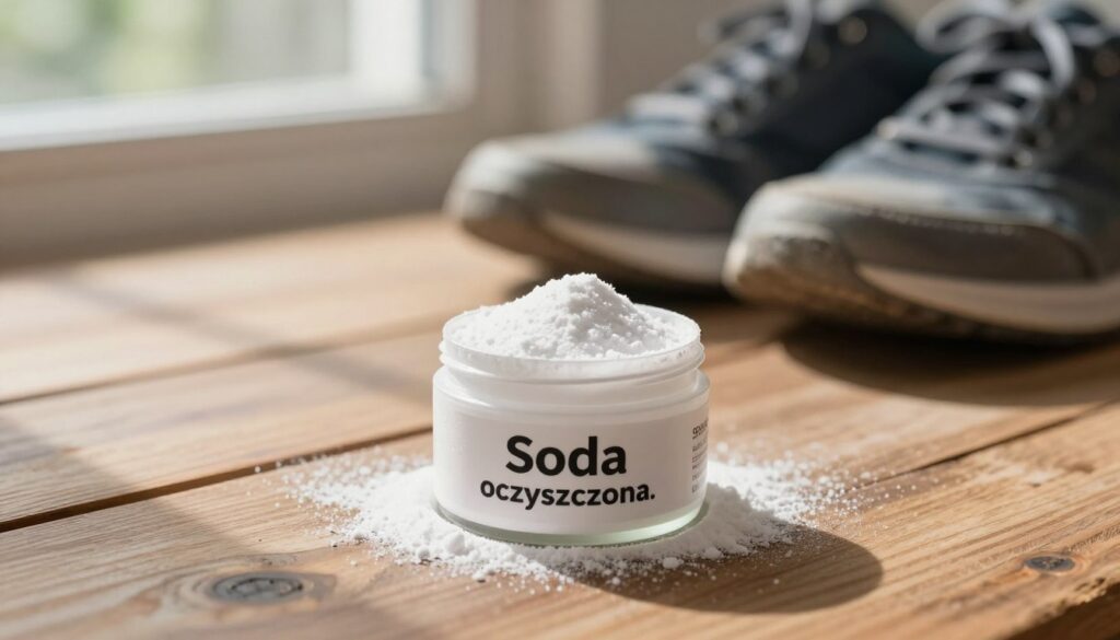 A close-up view of a small, open container of baking soda, also known as "soda oczyszczona," sitting on a rustic wooden table. The white powder is scattered gently around the container, catching soft, natural light that streams in from a nearby window, creating a warm and inviting atmosphere. In the background, a pair of freshly cleaned sneakers is partially visible, hinting at their rejuvenation. There are soft shadows playing across the table, with a blurred greenery outside the window, suggesting a fresh and clean environment. The image conveys a sense of homeliness and practical cleanliness, embodying the theme of refreshing shoes through natural methods. The focus is sharp on the baking soda container, with a subtle bokeh effect on the shoes in the background.