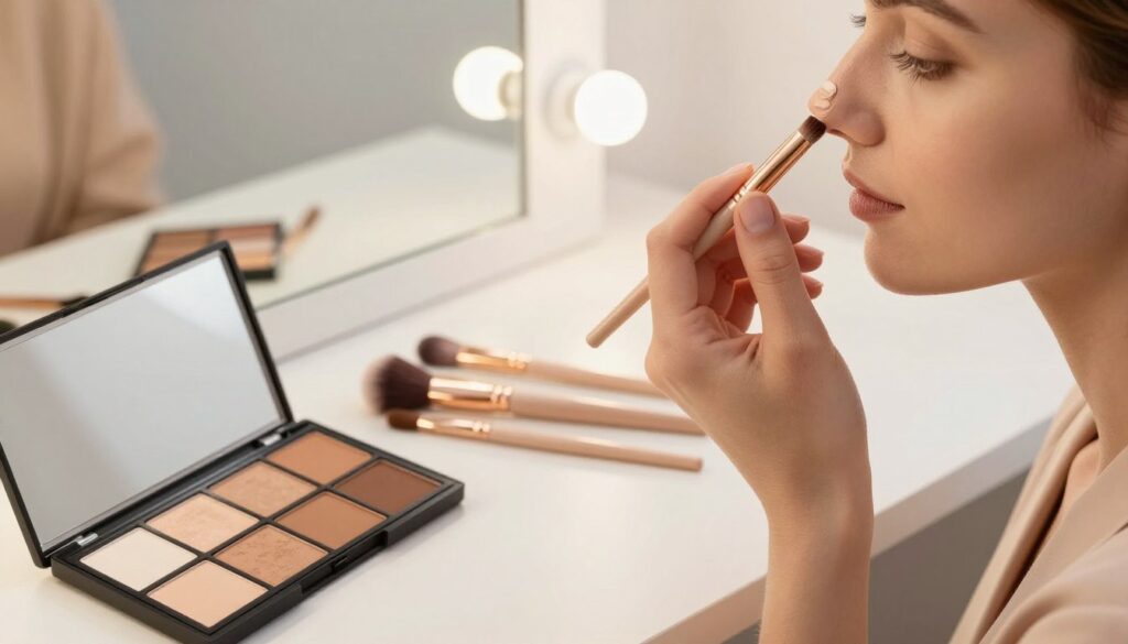 A close-up view of a well-lit vanity table showcasing essential contouring tools for nose shaping. In the foreground, a pristine makeup palette with a range of skin-toned contour and highlight shades is open, alongside a selection of professional makeup brushes. A well-groomed hand gracefully applies contour cream along a model's nose, demonstrating the technique. The model, dressed in a stylish yet modest outfit, has a natural, soft expression, reflecting a relaxed atmosphere. The mirror in the background reflects soft, diffused lighting, enhancing the overall glow of the scene. The color scheme is warm and inviting, with subtle pastels and gold accents, evoking a feeling of elegance and sophistication in beauty practices.
