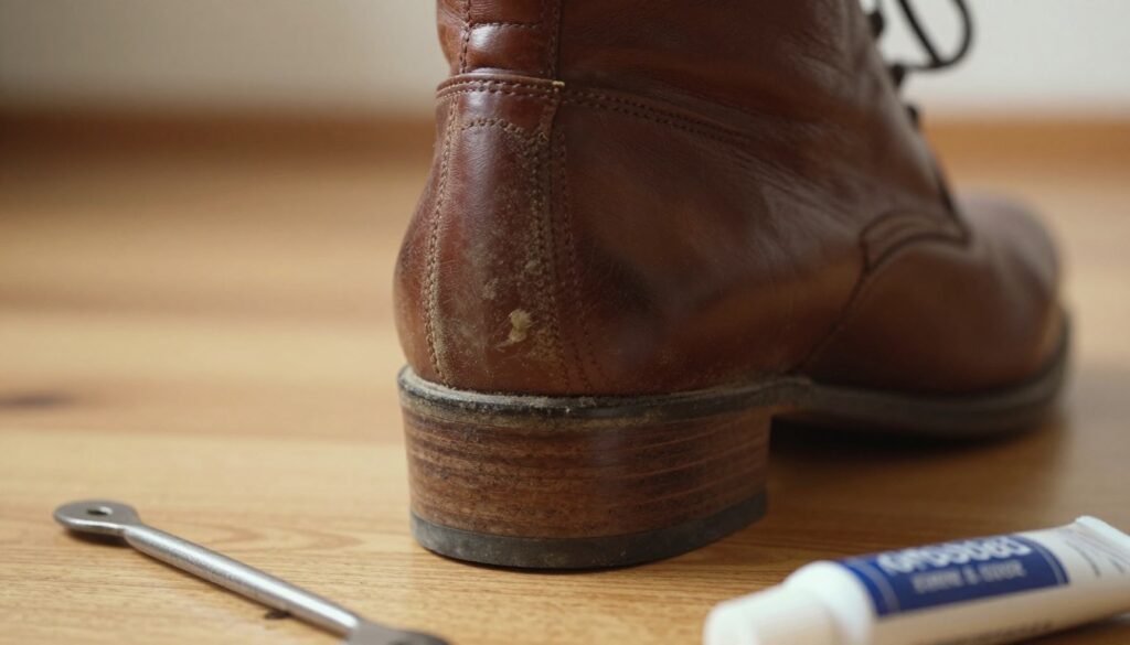 A close-up view of a well-worn shoe heel, focusing on the zapiętek (the heel counter) showing signs of wear and tear, against a soft, blurred background of a wooden floor. The shoe should be positioned slightly angled to highlight the contours of the zapiętek, with gentle natural lighting casting subtle shadows to emphasize its texture. In the foreground, include tools such as a shoehorn and a tube of shoe repair adhesive, suggesting a DIY repair process. The atmosphere should feel warm and inviting, evoking a sense of care and maintenance for footwear. Incorporate rich, warm colors that enhance the vintage look of the shoe, creating a nostalgic yet practical mood.
