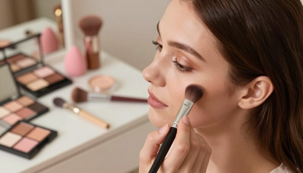 A close-up view of a woman applying makeup using face contouring techniques. In the foreground, focus on her hands delicately using a contour brush to blend shades along her cheekbones and jawline. The middle ground showcases her face, illuminated by soft, warm lighting that highlights the contours and adds depth. Use a neutral color palette with soft pinks and browns to enhance the feeling of elegance and sophistication. In the background, softly blurred makeup products like palettes, brushes, and sponges are arranged on a vanity. The atmosphere is calm and refined, creating an inviting space that inspires confidence in achieving a flawless wedding makeup look. The angle should be slightly above eye level, capturing the beauty of the application process.
